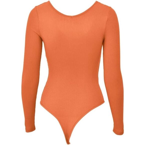 Long Sleeve Bodysuit Orange Sexy Fit Comfy Lightweight Layering Top Fall Winter - Picture 5 of 5